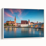 Vintage poster art of Bavarian landscape on extra large framed canvas, featuring vibrant colors, ideal for living room decor.