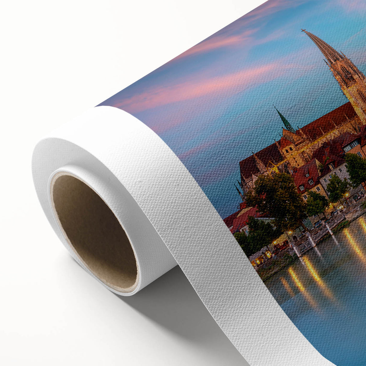 Art deco poster of a Bavarian landscape in muted green and blue tones on rolled canvas, ideal for nursery wall art.