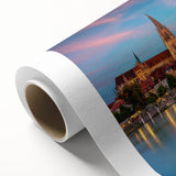 Art deco poster of a Bavarian landscape in muted green and blue tones on rolled canvas, ideal for nursery wall art.