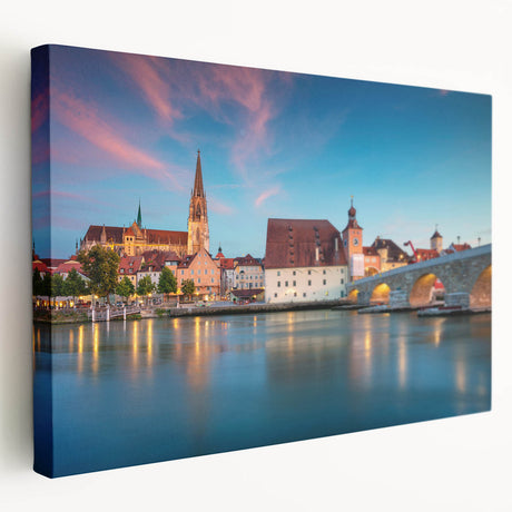 Scenic Bavarian landscape on stretched canvas, featuring lush greenery and a mountain backdrop, ideal for kitchen wall art.