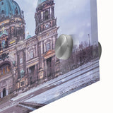 Large abstract depiction of Berlin skyline in muted earth tones on acrylic glass, suitable as dining room art.
