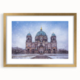 Abstract art print of Berlin scenery in muted earth tones, framed in gold, suitable for bedroom or dining room decor.