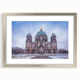 Extra large abstract art print of Berlin scenery in silver frame, featuring textured design and muted colors.