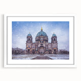 Textured abstract art print of Berlin scenery in muted earth tones on a white-framed mat, ideal for bedroom art.