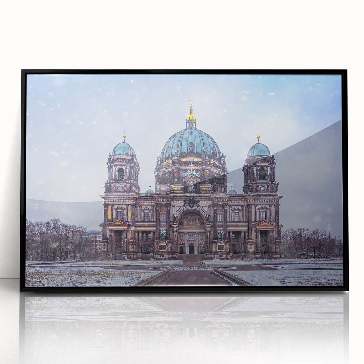 Large abstract wall art featuring a geometric depiction of Berlin's skyline in muted black and gray tones.