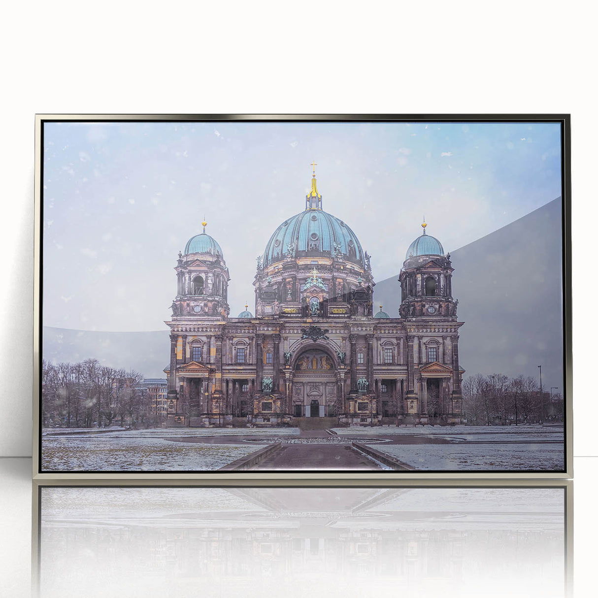 Large art print of Berlin cityscape in muted gray tones, framed in silver acrylic, suitable for modern art wall decor.