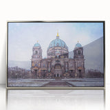 Large art print of Berlin cityscape in muted gray tones, framed in silver acrylic, suitable for modern art wall decor.