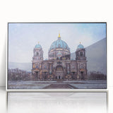 Mid-century modernist art depicting Berlin skyline in muted tones on framed acrylic, ideal for modern art wall decor.