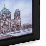 Extra large framed canvas of a textured Berlin cityscape in black with colorful accents, ideal for living room decor.