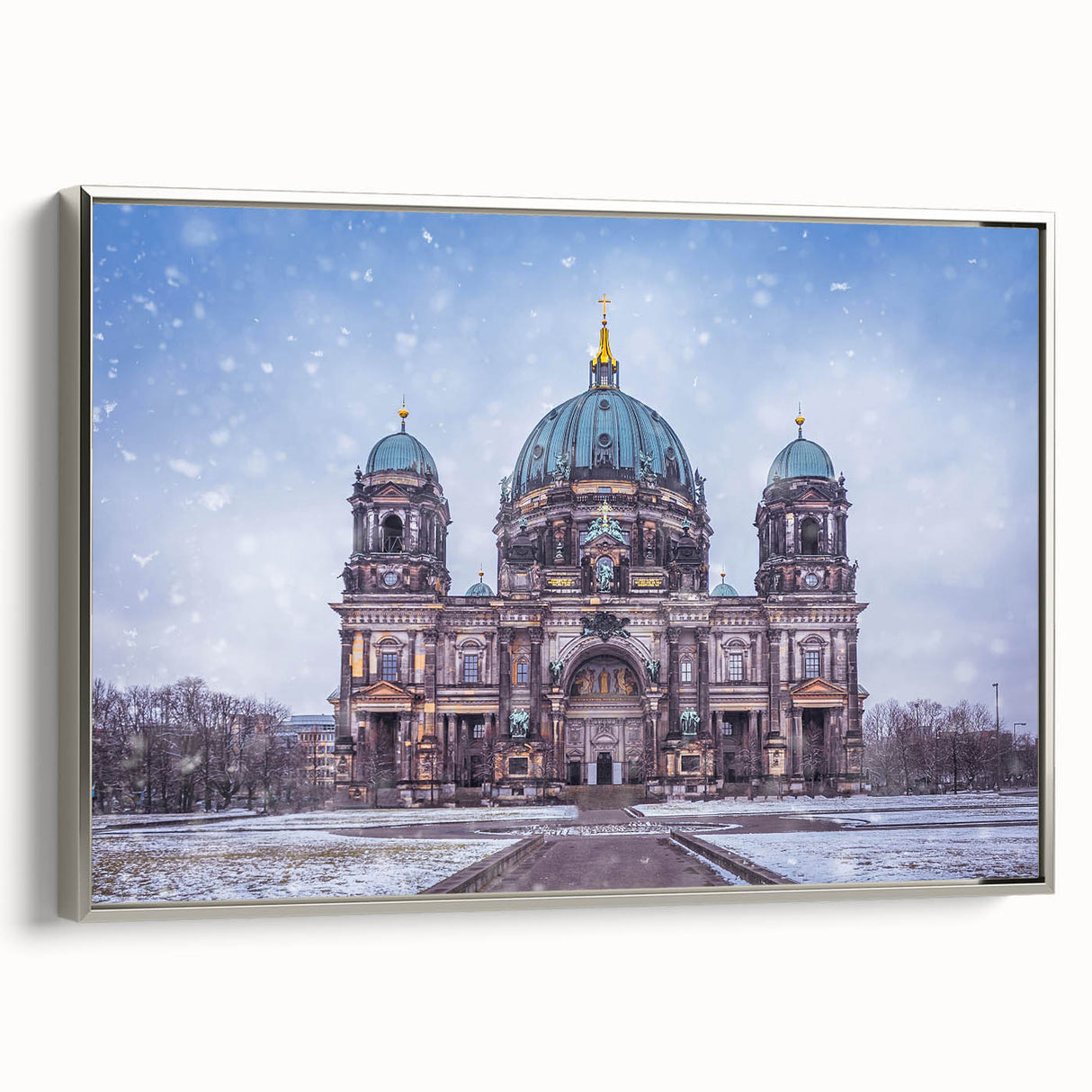 Framed canvas of a vintage Berlin landscape painting in muted black and colorful tones, ideal for living room decor.