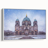 Vintage poster art of Berlin skyline on extra large framed canvas, featuring vibrant colors against a black background.