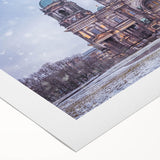 Art deco poster of Berlin skyline in muted gray and blue tones on rolled canvas, suitable for dining room wall art.