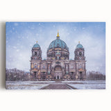 Black and white photograph of Berlin cityscape on stretched canvas, ideal for kitchen wall art.