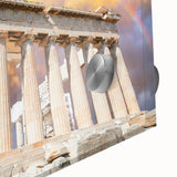 Acrylic glass print of Athens scenery in muted earth tones, ideal for dining room art in a mid-century modernist style.