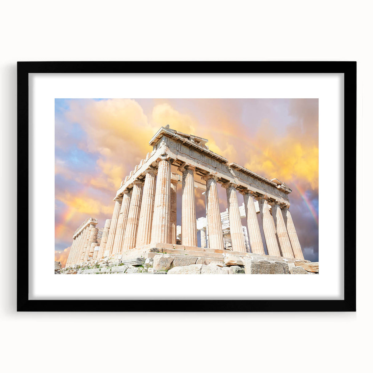 Extra large colorful abstract art print of Athens scenery, with textured finish, framed in black.