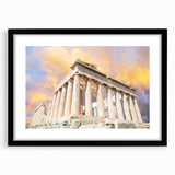 Extra large colorful abstract art print of Athens scenery, with textured finish, framed in black.