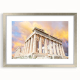 Abstract art print of Athens scenery in muted earth tones, framed in silver, suitable for dining room decor.