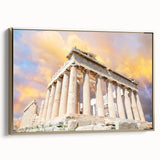 Framed canvas of Athens landscape in vintage poster style, featuring muted earth tones, ideal for bedroom decor.