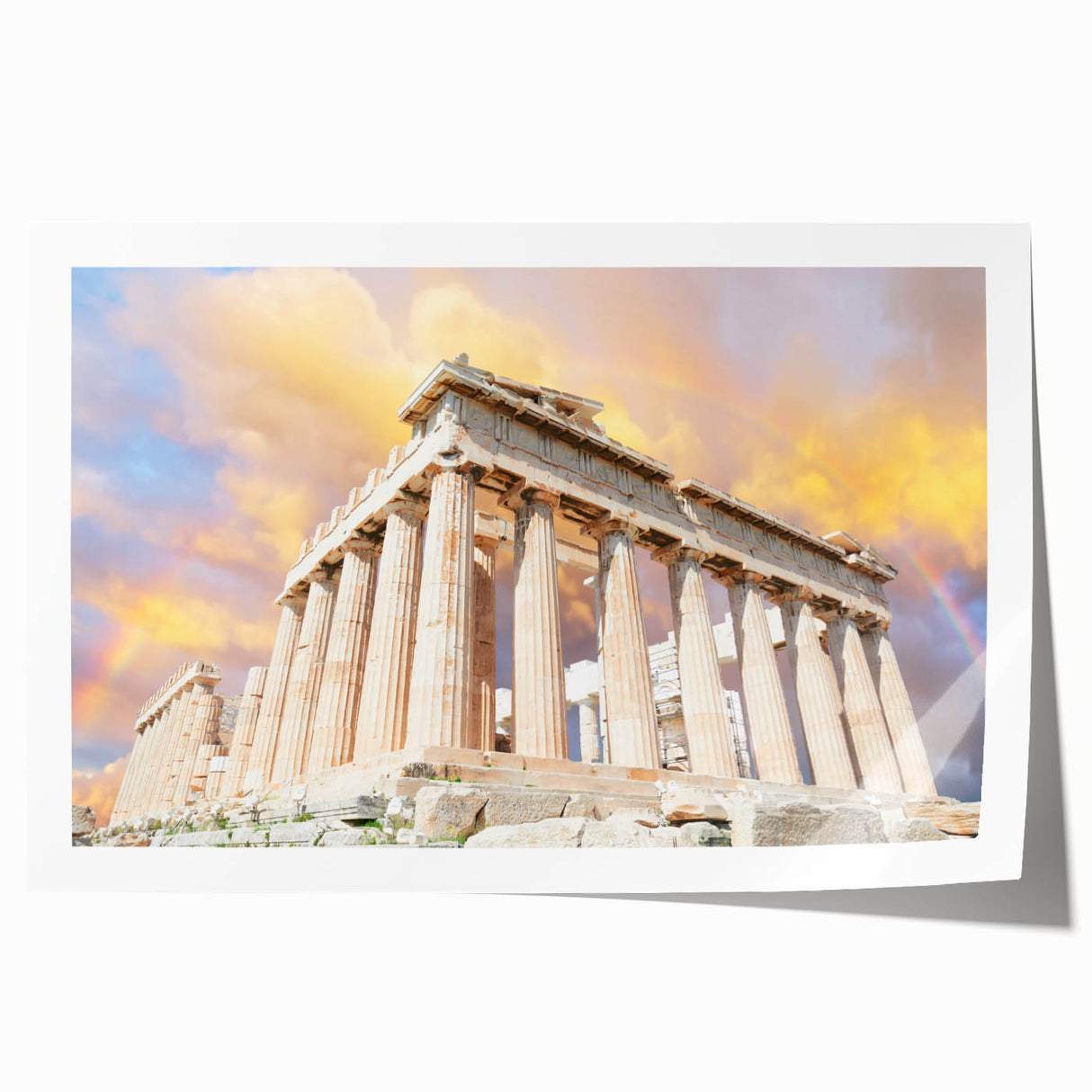 Extra large rolled print depicting Athens scenery with vibrant floral elements, ideal for art wall dining room.