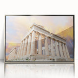 Mid-century modernist art of Athens skyline in muted earth tones on a framed acrylic print, suitable for nursery wall decor.