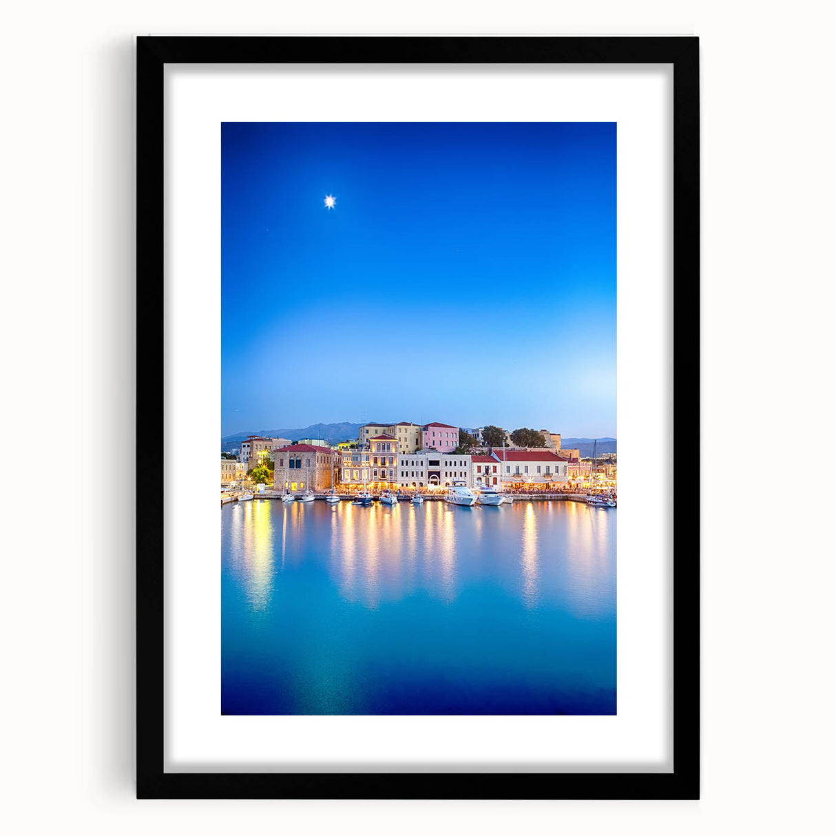 Extra large abstract art print of a vibrant, colorful European seaside scene on a textured canvas, framed in black.