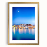 Abstract art print of a Crete, Greece landscape in muted earth tones on a gold-framed canvas, suitable for dining room decor.