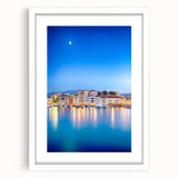 Textured art of an abstract Crete coastline in muted blue and white tones, framed with a white mat.