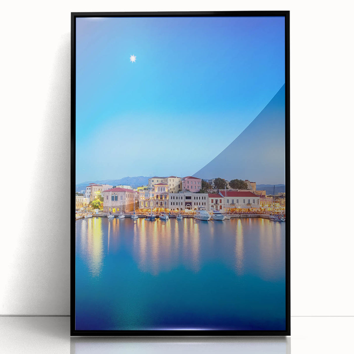 Large abstract wall art depicting a European Greek Crete scenery in muted earth tones on a framed acrylic.