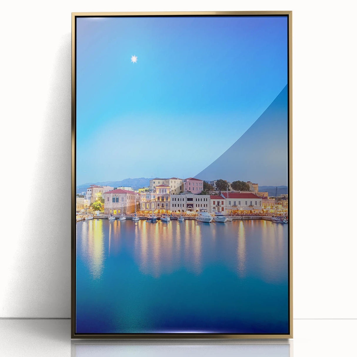 Framed acrylic print of Crete, Greece scenery in gold tones, ideal for modern art wall decor.