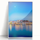 Art Deco poster of Crete, Greece scenery in muted blue and white tones, acrylic print framed in white.