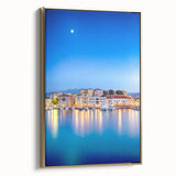 Framed canvas depicting a vintage-style landscape of Crete, Greece, in muted gold tones, ideal for bedroom wall art.