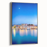 Framed canvas featuring a landscape art painting of Crete, Greece, in vibrant colors with a vintage poster style.