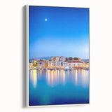 Vintage poster art of a Crete, Greece landscape on framed canvas, featuring vibrant colors and ideal for living room decor.