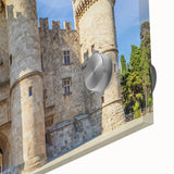 Large abstract wall art of Rhodes, Greece in muted blue and white tones on acrylic glass, suitable for dining room ambiance.