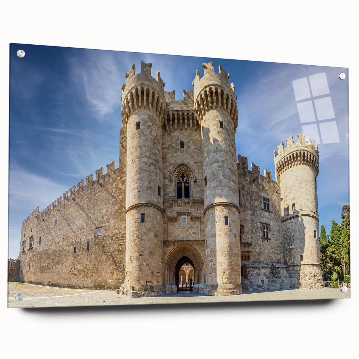 Acrylic glass print of a Rhodes, Greece scenery in muted earth tones, ideal for dining room decor.