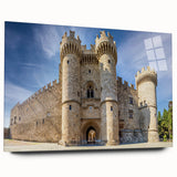 Acrylic print of a European scenery featuring Rhodes, Greece, in muted blue and white tones.