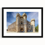 Colorful abstract art print of European scenery on textured canvas, framed in black, suitable for large living room walls.