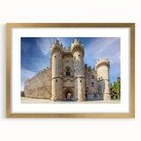 Abstract art print of Rhodes, Greece, in muted blue and white tones on a framed canvas, suitable for dining room decor.