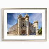 Extra large abstract art print of Rhodes, Greece, featuring textured blue and white hues on a silver-framed canvas.