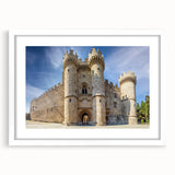 Textured art depicting an abstract European scenery in Rhodes, Greece, with muted earth tones on a framed white mat.