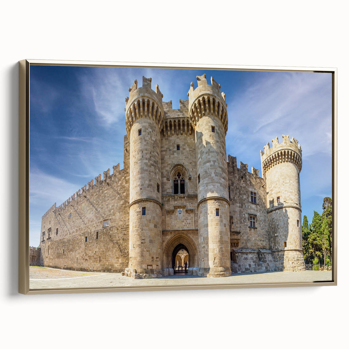 Framed canvas depicting a vintage-style landscape of Rhodes, Greece, in muted gold and black tones.