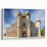 Vintage poster art of Rhodes, Greece, with colorful palette on extra large framed canvas, ideal for living room decor.