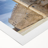 Art Deco poster of Rhodes, Greece, in muted blue and white tones on rolled canvas, suitable for dining room wall art.