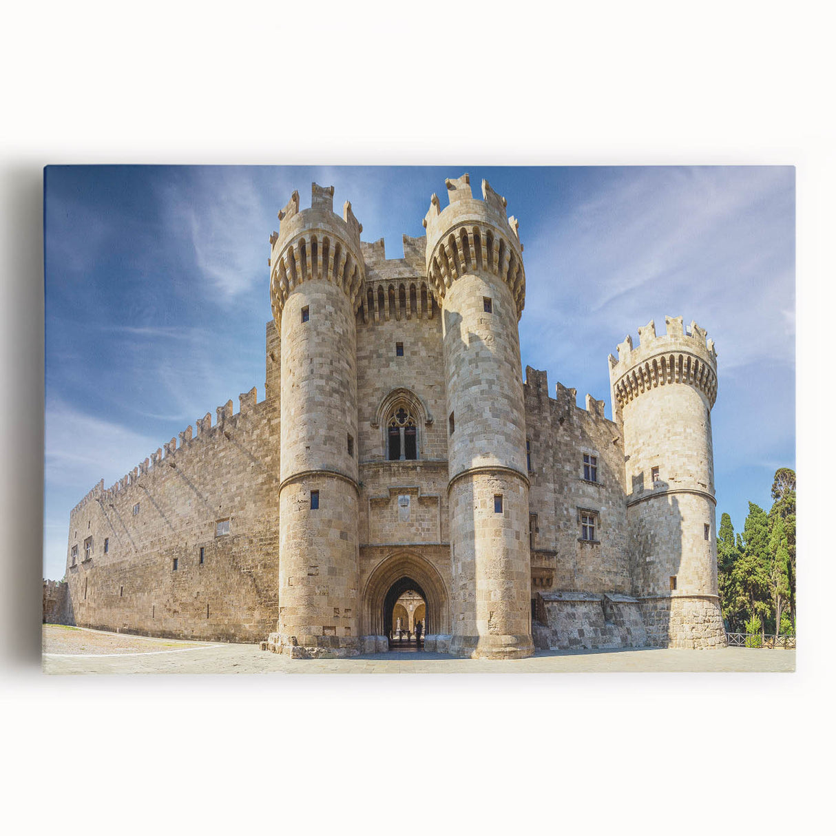 Black and white photograph of Rhodes, Greece on stretched canvas, showcasing an intricate cityscape.