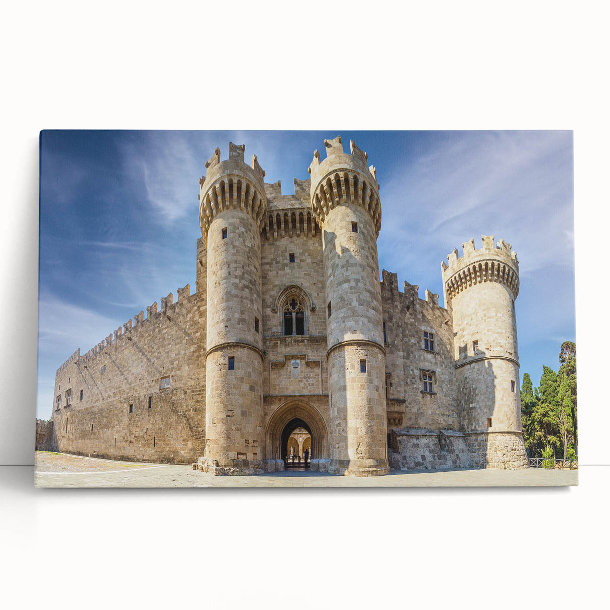 Black and white stretched canvas depicting the Rhodes scenery, ideal for kitchen wall art.