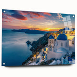 Acrylic print of Santorini landscape with blue and white tones, ideal for bedroom or dining room decor.