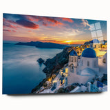 Acrylic print of Santorini scenery in vibrant blue and white, ideal for bedroom or dining room art.