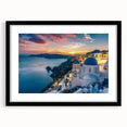 Extra large framed wall art of an abstract Santorini scenery in vibrant blue and white hues, ideal for living room decor.