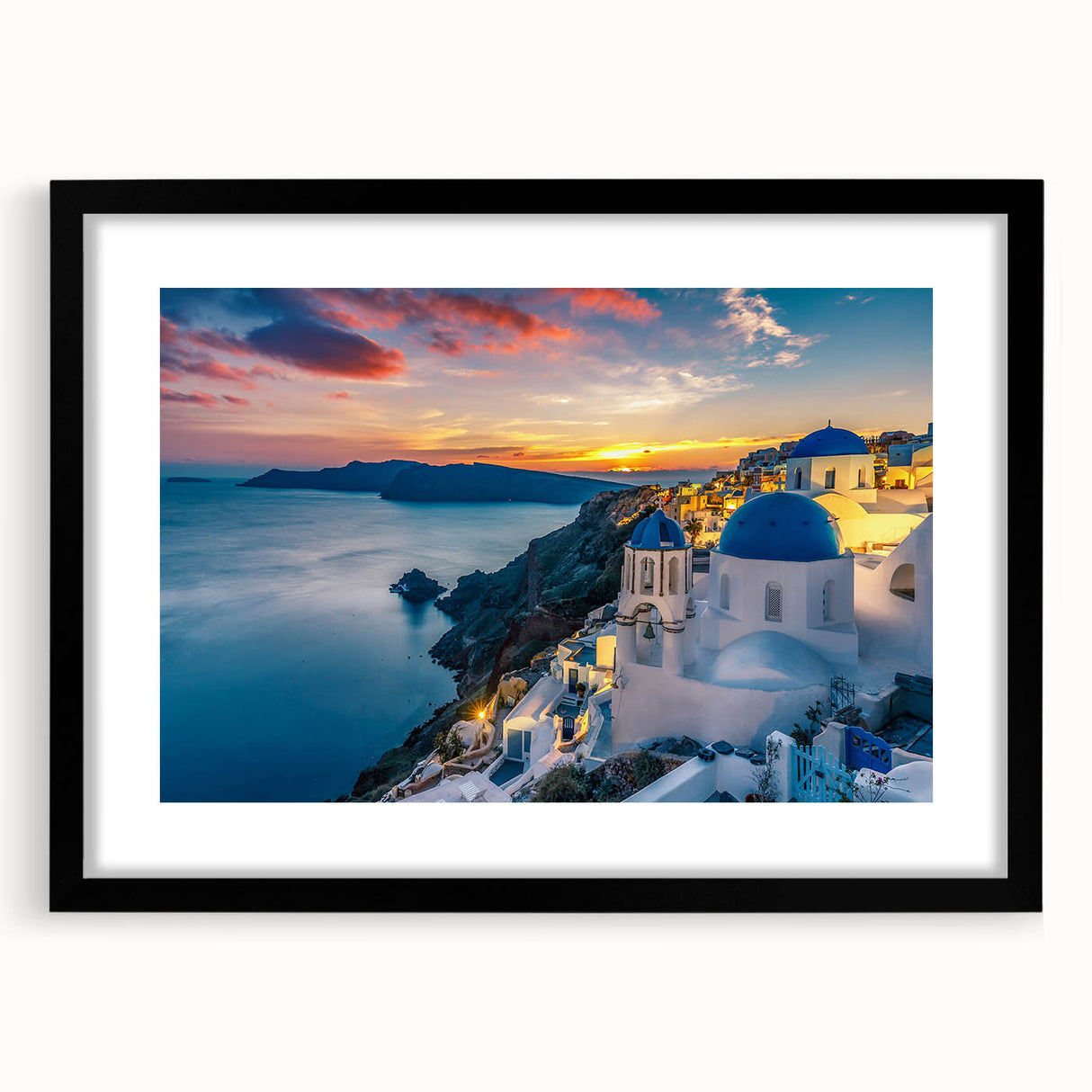 Extra large framed wall art of an abstract Santorini scenery in vibrant blue and white hues, ideal for living room decor.