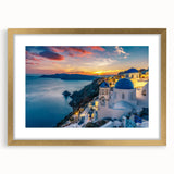 Abstract art print of Santorini with blue and white tones on a gold-framed canvas, suitable for dining room decor.